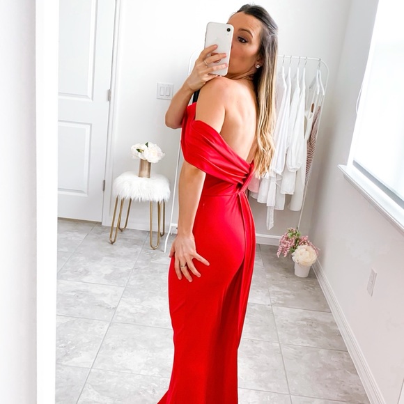 Red Off Shoulder Overlap Special Occasion Dress - Picture 6 of 8